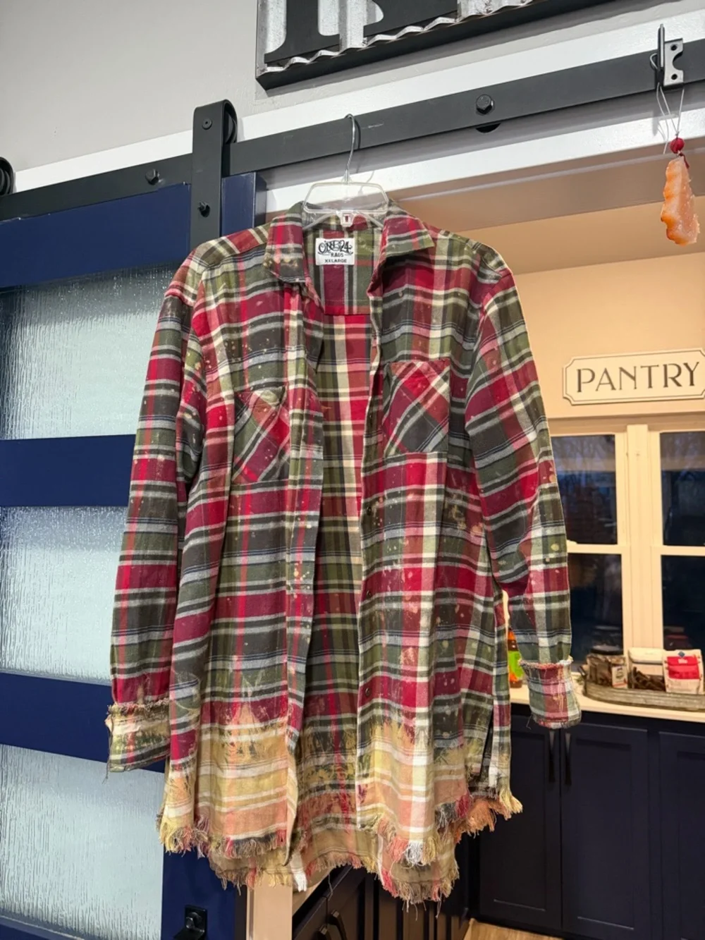 Distressed Red & Green Plaid Flannel Shirt Jacket - Picture 1 of 4